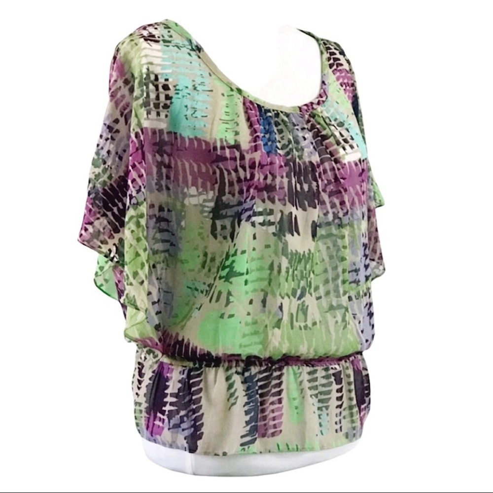 Forever 21 Abstract Sheer Cold Shoulder Bat Sleeve Scoop Neck Peplum Top Medium